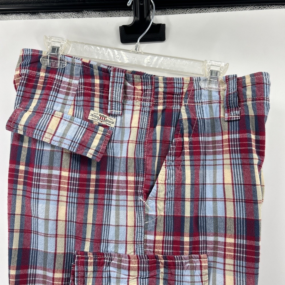 Vintage Polo Jeans Shorts Men's 36 Red Blue White Plaid Cargo Flat 90s Cotton - Picture 2 of 15
